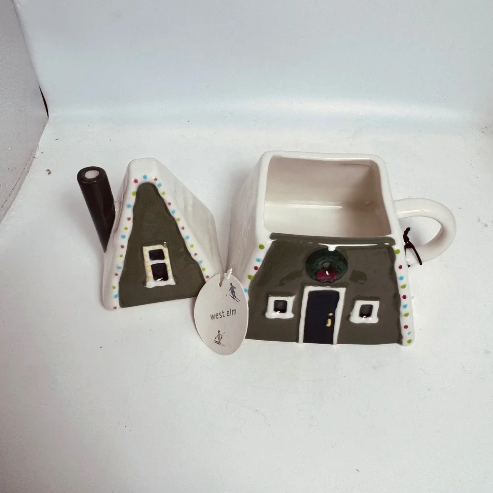 West Elm‎ A-Frame Cabin Mug with Lid Christmas Holiday Ceramic Cottage House New